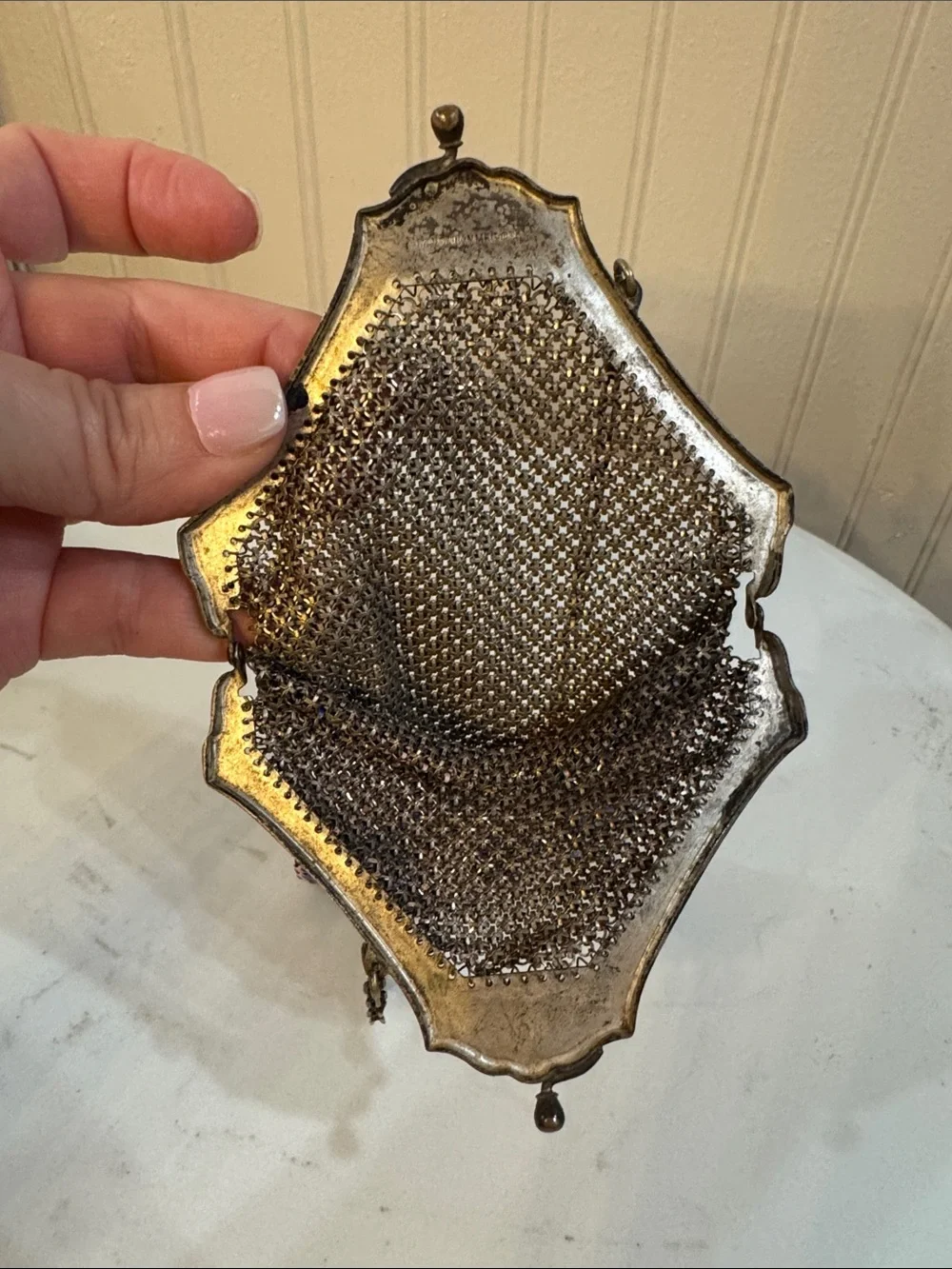 Antique Mandalian Mesh Enamel Flapper Purse Birds w/ Fringe